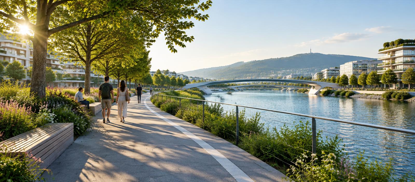 Illustrative green urban waterfront