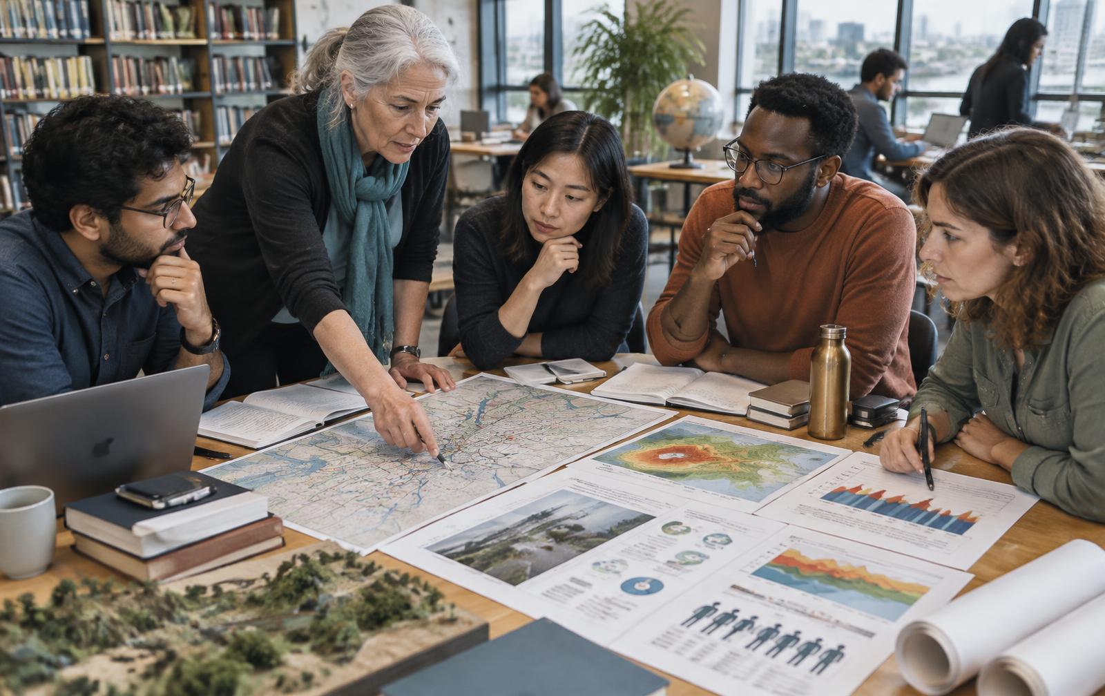 Interdisciplinary specialists examine maps and evidence together