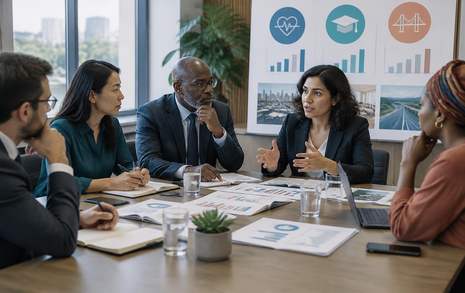 People discussing public-service evidence around a table